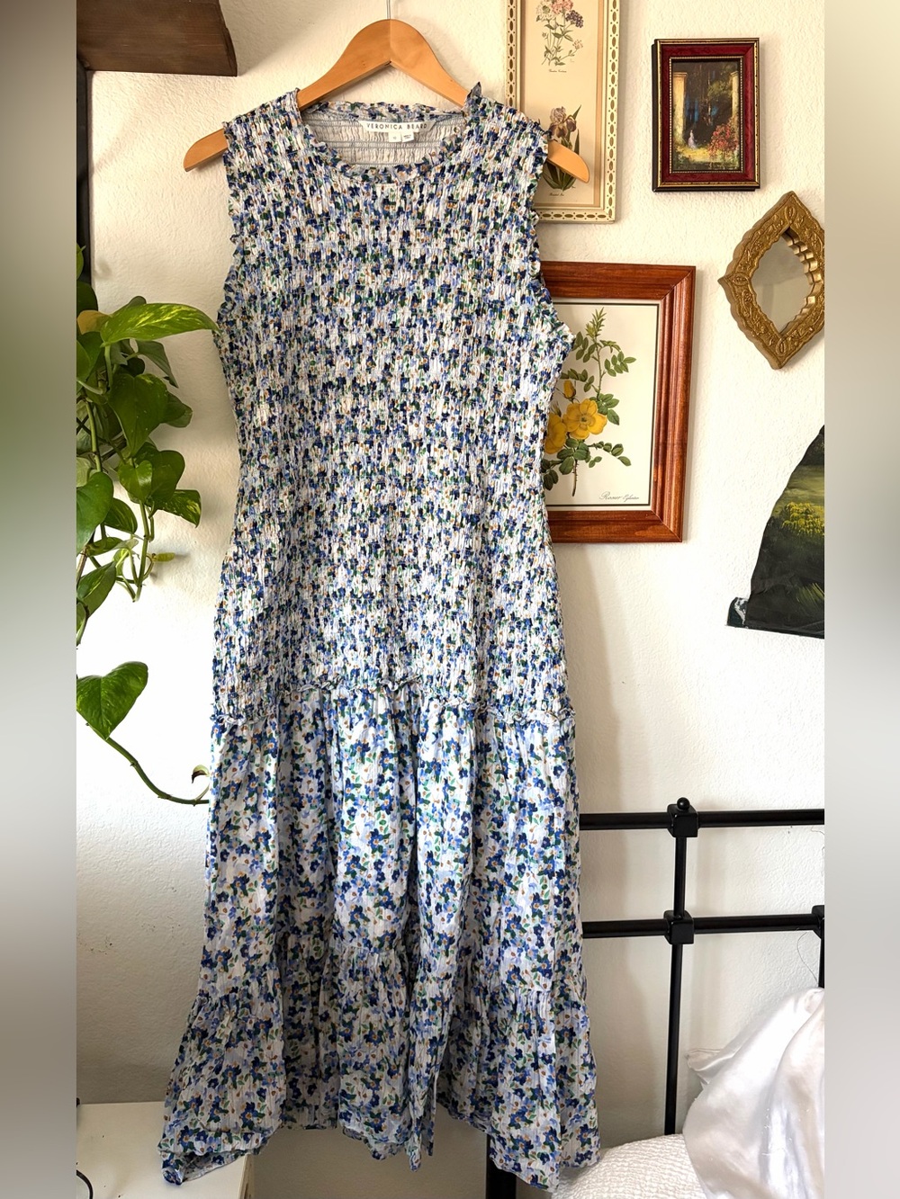 Veronica Beard Blue and White Floral Smocked Maxi Dress